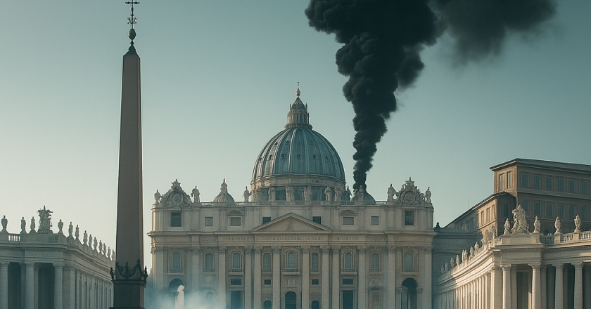 “AI-generated image of black smoke rising over the Vatican—symbolizing the wait for a new pope continues.”