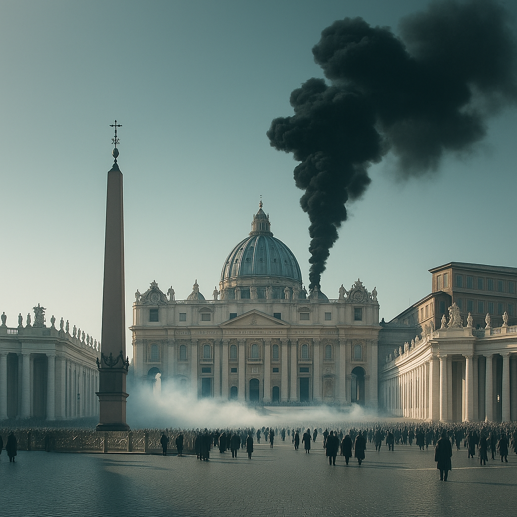 “AI-generated image of black smoke rising over the Vatican—symbolizing the wait for a new pope continues.”
