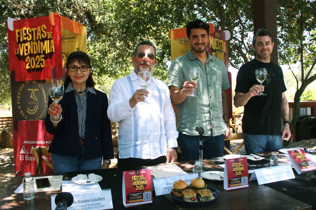 Big names, big wine plans — The Fiestas de la Vendimia 2025 press crew: Wenceslao Martínez (Provino), Andrés Bremer (Proturismo), Álvaro Romero (Provino), and Yolanda Navarro (Tourism), standing tall for Baja’s boldest wine season yet.
